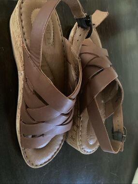 Born Tan Woven Leather Wedge Sandals